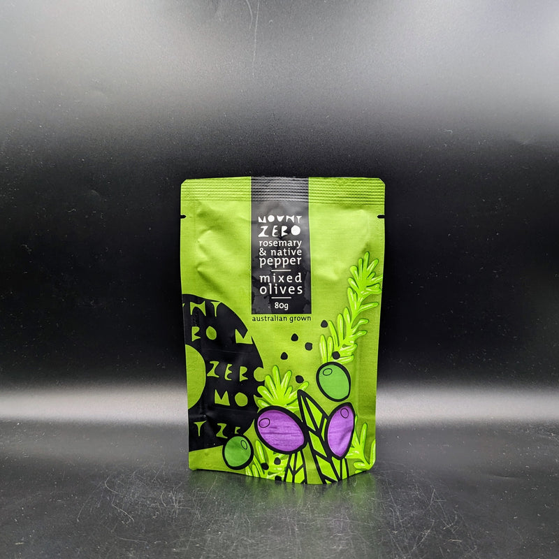 Mount Zero 	 Rosemary & Native Pepper Marinated Olive Pouches (80g)