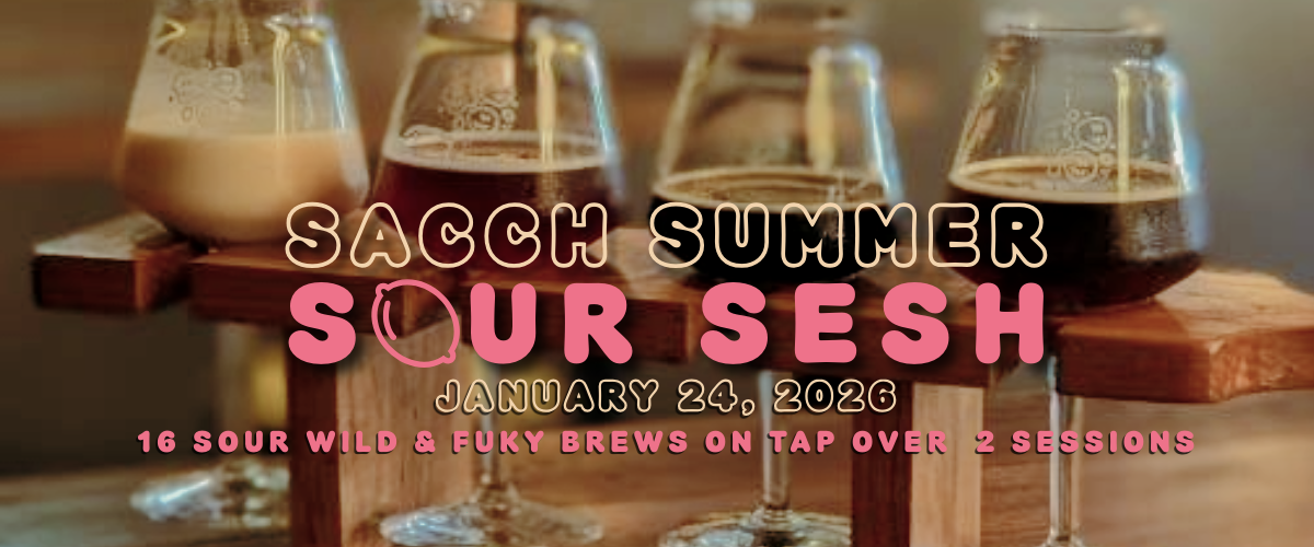 Promotional graphic for 'Sacch Summer Sour Sesh' featuring four glass beakers filled with sour ales on wooden racks, with bold text overlay detailing the event dates and session count.